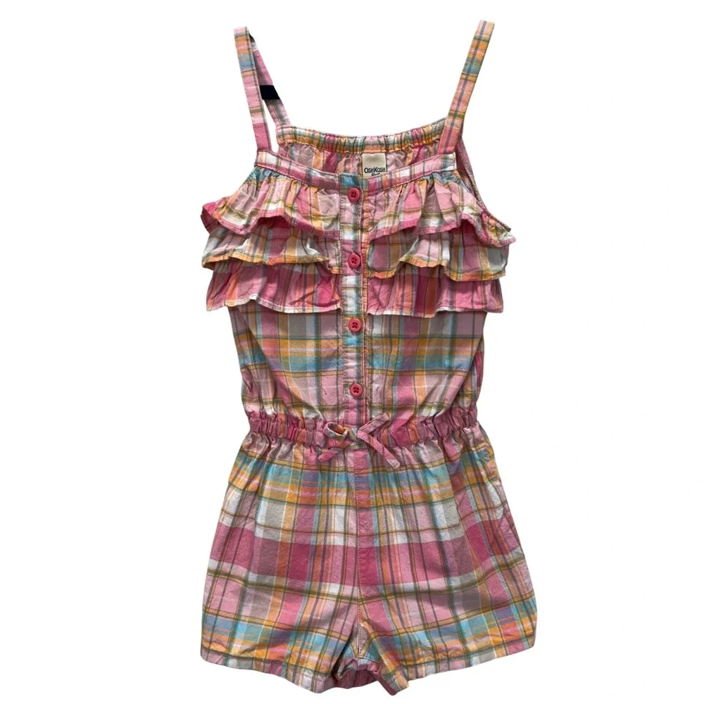 OshKosh B'gosh Girls Plaid Ruffle Romper VTG 90s Pink Elastic Waist Size 5